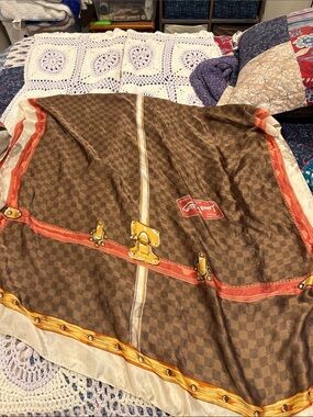 Brown Checked Travel Print Scarf with Gold Hardware Motif